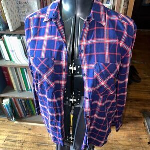 Express soft wash S blue & red plaid lumberjack button down shirt